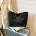 Large black vintage faux leather tote bag with long straps for women's daily commute - Black (Without Charm)