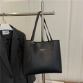 Classic black leather tote bag with gold logo and long shoulder straps for women - Black