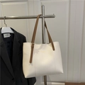 Chic cream white large capacity tote bag with brown leather straps for commuting - White