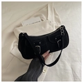 Bolso baguette retro negro con bolsillos frontales dobles y hebillas de metal fino - Negro