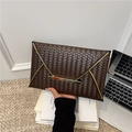 Pochette enveloppe élégante en cuir tressé marron foncé avec bordure dorée et grande capacité - Café
