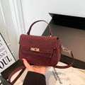 Burgundy faux suede crossbody bag with leopard texture and metallic clasp closure - Red