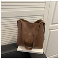 Retro deep brown large capacity tote bag in matte faux leather for daily casual use - Dark Brown