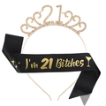 Set per il 21 compleanno con corona di strass dorati e fascia in seta nera per donne - fg086 Cerchietto Oro + JD018 Fascia Nera Testo Oro