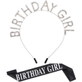Set festa di compleanno con cerchietto di strass e fascia in raso nero elegante - Taglia unica / Set Argento (fg084)