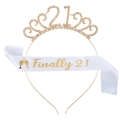 Set 21° compleanno con tiara in strass dorati e fascia in raso Finally 21 bianca - fg086 Cerchietto Oro + JD012 Fascia Bianca Testo Oro
