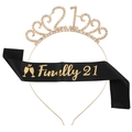 Tiara dorata 21 compleanno con strass e fascia nera Finally 21 set per festa - fg086 Cerchietto Oro + JD012 Fascia Nera Testo Oro