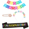 Set accessori compleanno con spilla a corona, cerchietto, striscione e fascia in raso - Stile con Lettere Nero (fg102+JD005 Nero)