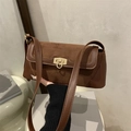 Borsa baguette vintage marrone scuro in pelle e camoscio con fibbia in metallo oro - Marrone