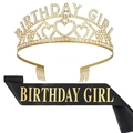 Set corona di cristallo dorato Birthday Girl e fascia in raso nero per festa - Oro con Nero e Oro