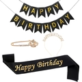 Set compleanno 4 pezzi nero e oro con fascia, striscione, cerchietto e spilla - Set da 4 pezzi nero