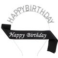 Set cerchietto Happy Birthday con strass argentati e fascia in raso nero per feste - Set da 2 Pezzi Argento