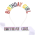 Birthday Girl Party-Set mit buntem Metall-Haarreifen und weißer Satin-Schärpe Deko - Birthday Girl Stirnband und Mehrfarbige Birthday Girl Schärpe