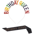 Farbenfroher Birthday Queen Haarreif und schwarze Satinschärpe mit goldener Schrift - Birthday Queen Regenbogen Buchstaben Stirnband + Roségold Schärpe (FG098)
