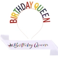Farbenfrohes Birthday Queen Haarreif und weiße Satin-Schärpe Set für Geburtstagsfeiern - Birthday Queen Stirnband und Kronen-Stil Mehrfarbige Schärpe