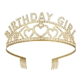 Diadème Birthday Girl doré avec détails de cœurs et cristaux sur fond blanc épuré - Doré