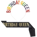Regenbogen Birthday Queen Haarreif und schwarze Satin-Schärpe im Set für Partys - Birthday Queen Regenbogen Buchstaben Stirnband + Gold Schärpe (FG098)