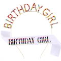 Set de corona y banda Birthday Girl con cristales de colores sobre raso blanco - Estilo Letras de Colores
