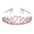 Detail of silver 21st birthday tiara featuring pink rhinestones and secure hair combs - Pink