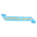 Close-up of sky blue satin sash with gold foil Birthday King text and crown logo - Lake Blue