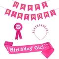 Roze en gele Birthday Girl feestset met hoofdband, sjerp, badge en verjaardagsbanner - 4-delige set (Hoofdband + Badge + Banner + Sjerp) / Rozerood