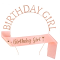 Birthday Girl party set with rose gold metal headband and pink satin sash for girls - One Size / Rose Gold Headband And Pink Sash