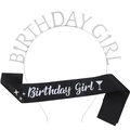 Silver Birthday Girl headband and black satin sash set for party celebrations - One Size / Silver Headband And White Sash