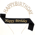 Golden rhinestone Happy Birthday headband and black satin sash birthday party set - Gold Black