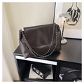 Minimalist dark brown pleated PU leather shoulder bag with silver chain strap and logo - Coffee