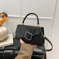 Minimalist black square handbag for women with crocodile texture and gold hardware detail - Black