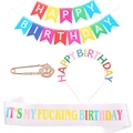 Kit anniversaire avec bannière colorée, serre-tête, broche et écharpe de fête - Ensemble Blanc (FG107+JD005白色+xj002+彩色拉旗)