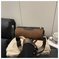 Detail of cylinder crossbody bag with ethnic patterned wide strap and suede texture - Coffee