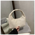 Minimalist beige woven hobo handbag with elegant V-shaped pattern and integrated handle - White