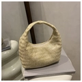 Minimalist beige woven crescent hobo shoulder bag with a zipper and high-quality texture - Khaki