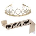 Champagne gold Birthday Girl sash and rhinestone crown tiara party accessory set - BIRTHDAY GIRL Gold