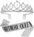 Silver birthday queen sash and rhinestone crown set with sparkling glitter finish - BIRTHDAY QUEEN Silver