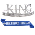 Ensemble couronne argentée KING et écharpe bleue Birthday King pour fête d'anniversaire - Couronne Argentée + Écharpe Bleue