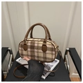 Vintage bruine geruite wollen crossbodytas met leren handvat en gouden metalen accenten - Khaki