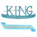 Men's light blue and gold Birthday King set with rhinestone crown and satin sash - Lake Blue Crown + Lake Blue Sash
