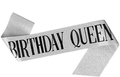 Silver glitter Birthday Queen sash with bold black lettering for party celebrations - Silver Birthday Queen Sash