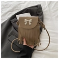 Brown leather crossbody bag with silver bow accent and long fringe tassels - Khaki