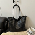 Schicke schwarze gewebte Leder-Tote-Bag mit geknotetem Riemen für Minimalisten - Schwarz (Reißverschluss)