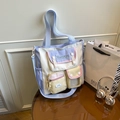 Multicolor nylon crossbodytas in crème, paars en geel met diverse functionele vakken - Blauw