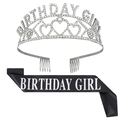 Set corona Birthday Girl con strass argento e fascia in raso nero per compleanni - Argento con Nero e Argento