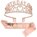 Ensemble couronne d'anniversaire en or rose et écharpe en satin rose avec cristaux - Or Rose avec Lettres Estampées