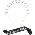 Details zum silbernen BIRTHDAY GIRL Haarreif und der schwarzen Satinschärpe für Partys - Silber Haarreif Schärpe Set