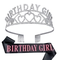Ensemble couronne en strass argentés et écharpe en satin noir pour fête d'anniversaire - Argent avec Écharpe Magenta