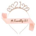 Rose gold 21st birthday tiara and pink sash set with Finally 21 text and rhinestones - fg086 Rose Gold Headband + jd012 Pink Sash Rose Gold Text