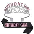 Set Birthday Girl avec diadème en strass argentés et écharpe noire à paillettes roses - Magenta avec Noir et Rose