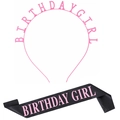 Rosa Birthday Girl Stirnband und schwarze Satinschärpe Set für Mädchen Geburtstagsfeier - Rosa Haarreif Schärpe Set